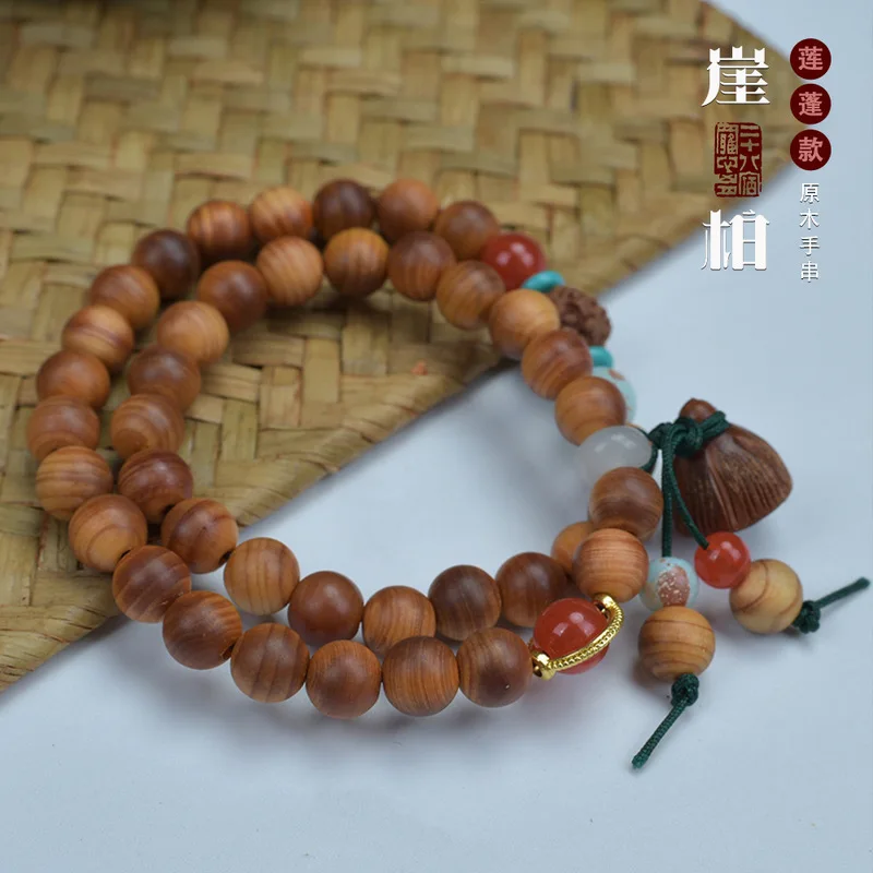Natural cypress wood paired with lotus seed pendant  double-ring Buddhist beads, decorative accessory
