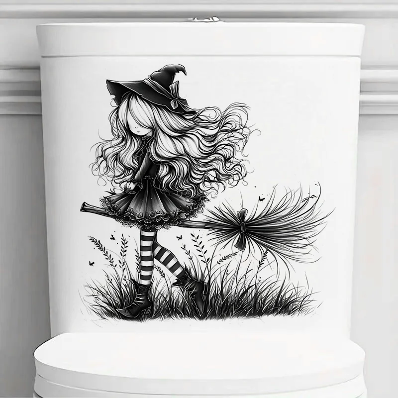 MT903# Whimsical Black Witch Stickers, Bright Bathroom for Home Decoration, Vinyl Decals, Art Wall Paper, Outdoor Indoor Use