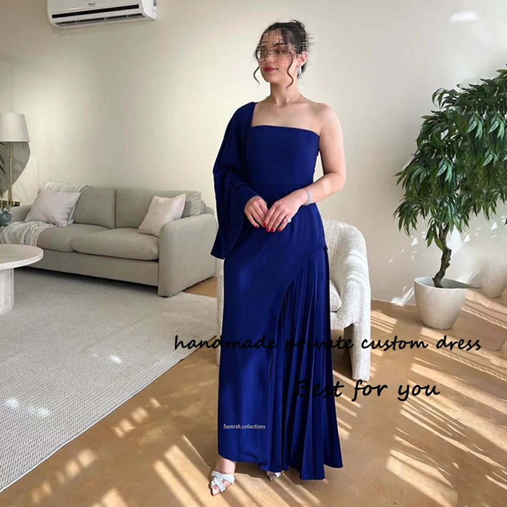 

Royal Blue Mermaid Evening Dresses One Sleeve Arabian Dubai Formal Dress Pleats Satin Long Prom Party Gowns for Women 2024