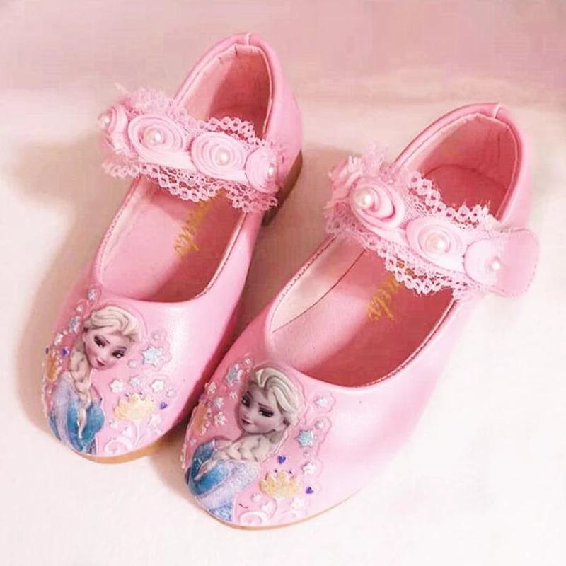 Disney New Kids Elsa Casual Shoes girls Frozen Princess Pink Soft Shoes Children\'s Cartoon pearl Leather Shoes Size 26-35