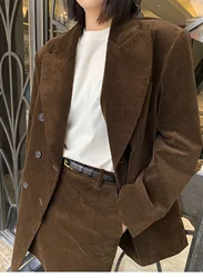 Women's Velvet Coat Double-Breasted Deep Brown Loose Silhouette Western Style Outerwear Blazer