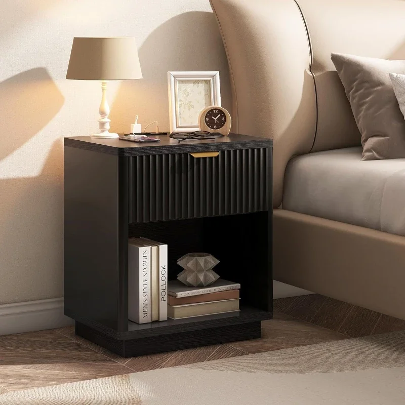 Fluted Nightstand Charging Station Wood Modern Night Stands Storage Cabinet For Bedroom Black Bedside Table With Drawers