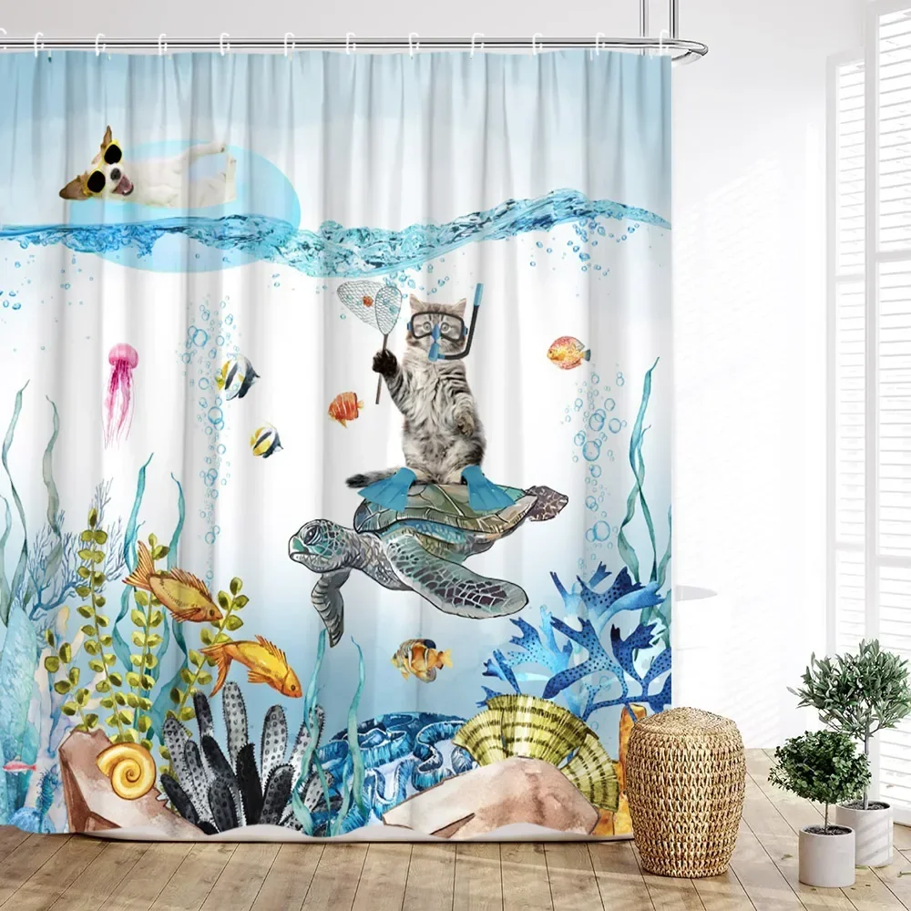 

Funny Animal Shower Curtain Cat Riding Shark Dinosaur Ocean Waves Cow Turtle Coral Cartoon Cute Penguin Home Bathroom Decoration