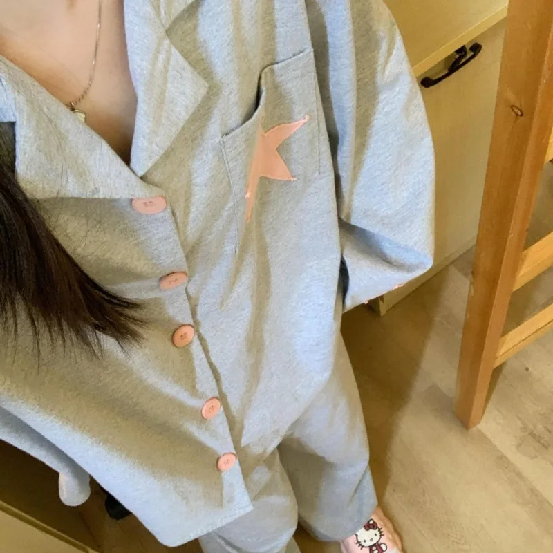 Star Sleepwear Women Pajama Sets Button Pants Sets for Women 2 Pieces Korean Night Wear Autumn Turn Down Collar Casual Home Suit