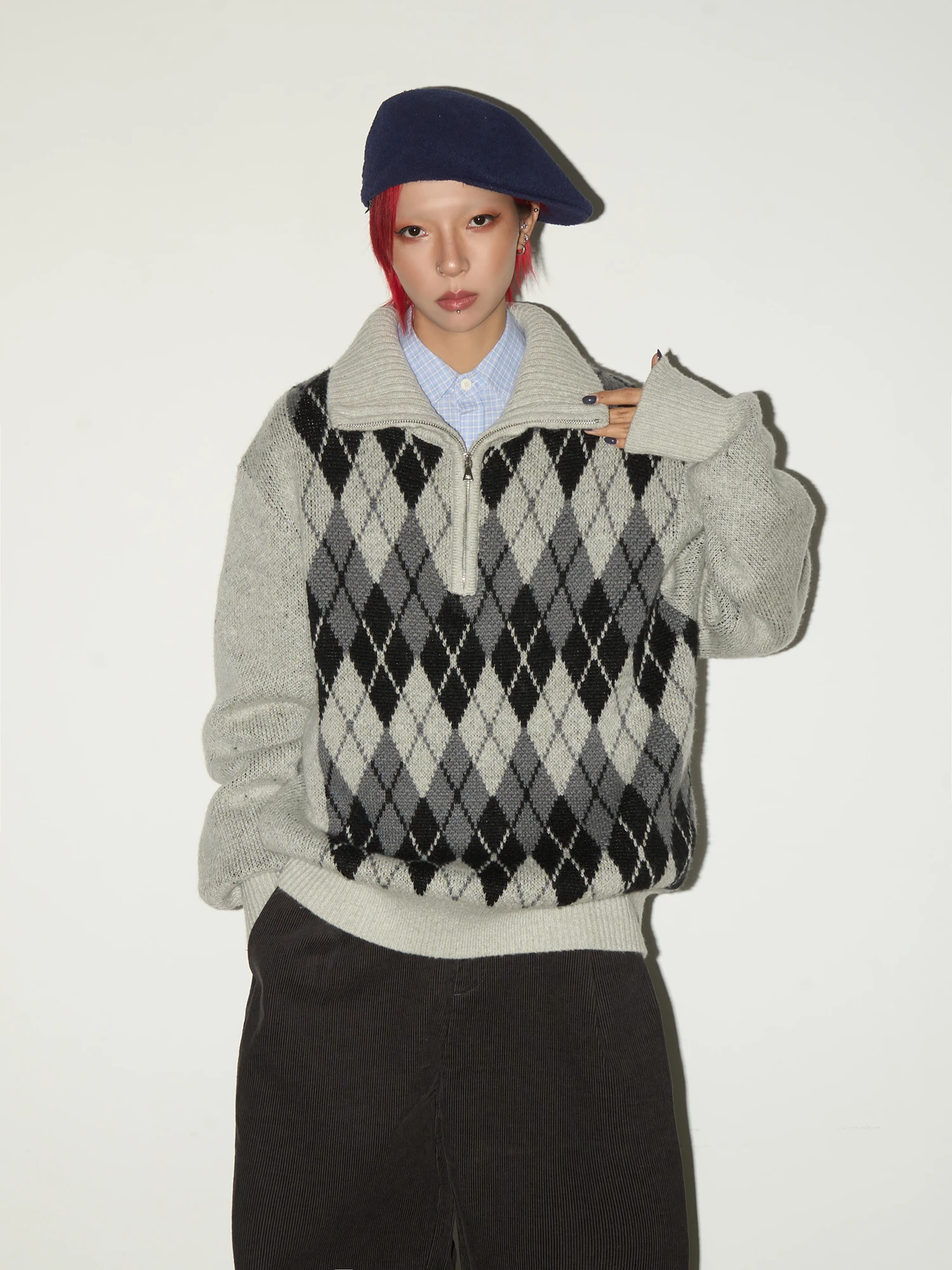 

MICHINNYON Color Blo асимметричный контур на молнии, шерстяной свитер, модный женский вязаный пуловер свободного покроя с высоким вырезом