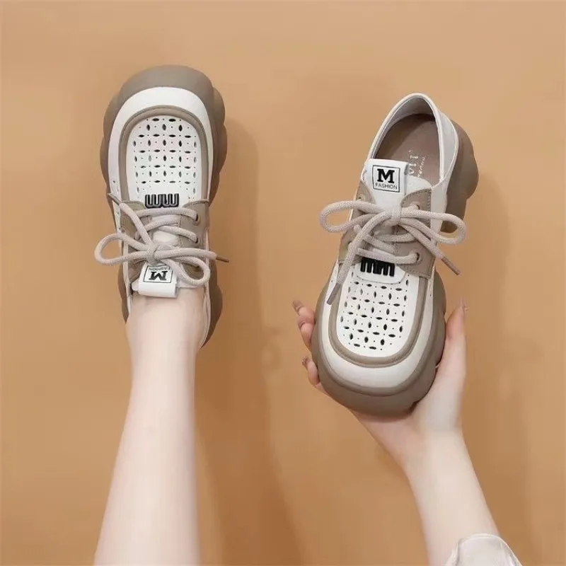 Fashion Women Chunky Platform Oxford Shoes Hollow Breathable Black‑Brown Colorblock Lace‑Up M Logo Casual Daily Shoes