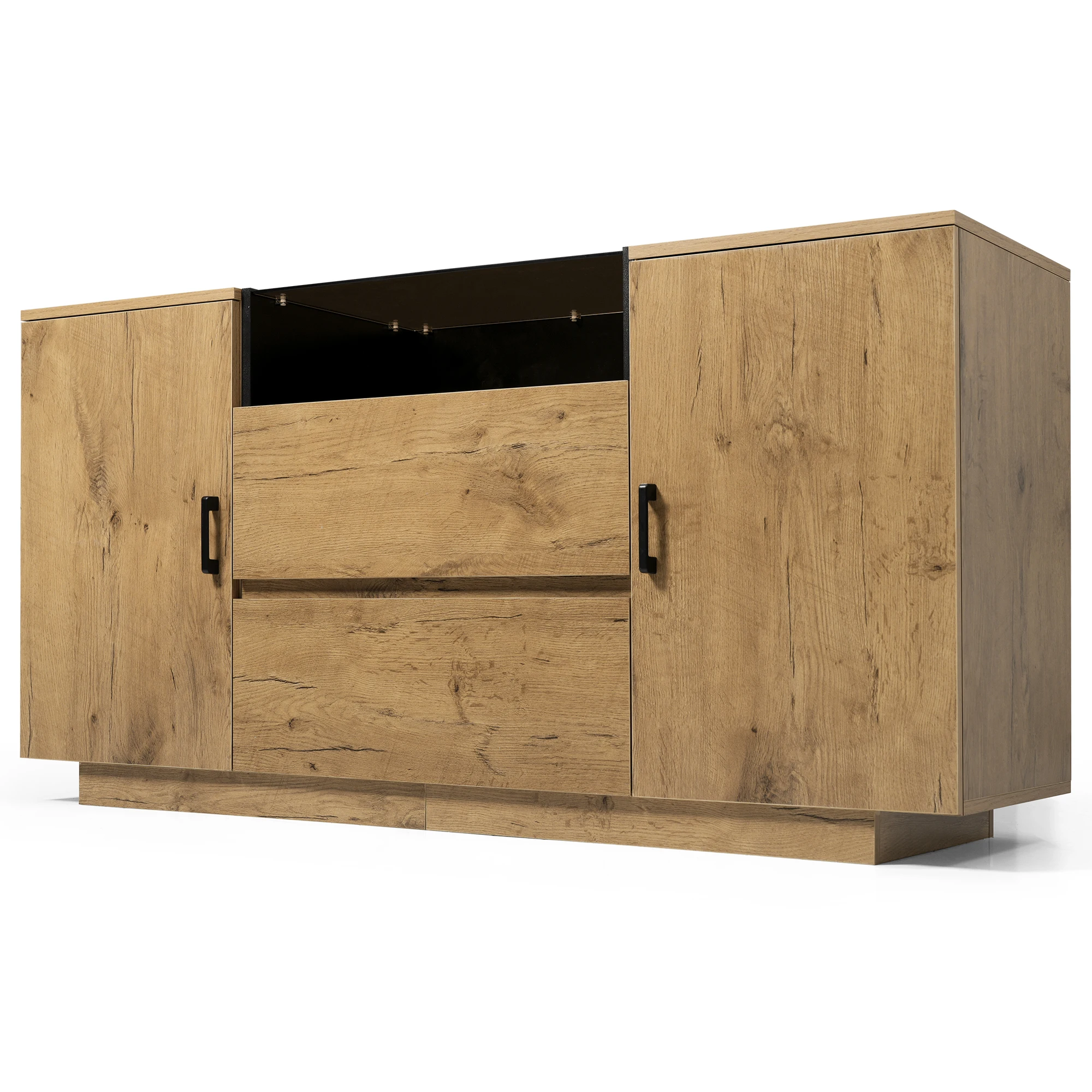 Eichen-Sideboard mit 2 Schubladen, 2 verstellbaren Schränken und offenem Fach – ESG-Glas & schwarze Griffe, H70/B140/T40 cm. – Detail 19