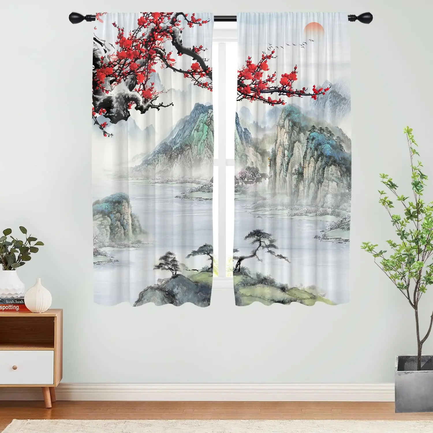 

Japanese Window Curtain Panels Anime Cherry Blossom Asian Oriental Chinese Cool Red Floral Nature Mountain Lake Decorative
