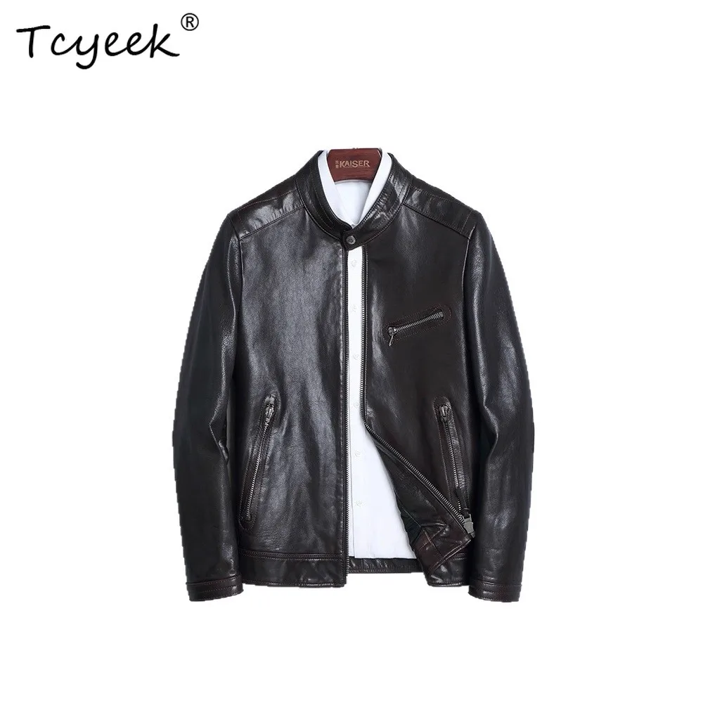 Tcyeek Real Leather Jacket Men Clothing 2026 Natural Goatskin Coat Motocycle Jackets Autumn Mens Coats Slim Fit Бомбер Кожаный