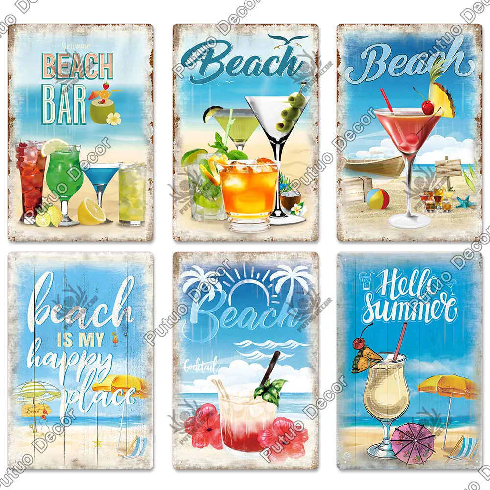 Putuo Decor Summer Beach Vintage Plaque Metal Cocktail Tin Sign Wall Art Decoration Bar Pub Seaside Room House Iron Painting