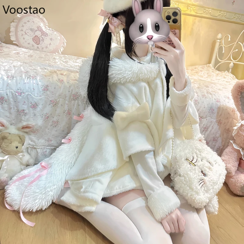 Japonais doux oreilles de lapin Lolita manteau à capuche automne hiver femmes Kawaii peluche Patchwork Capes manteau femme chaud châle pardessus