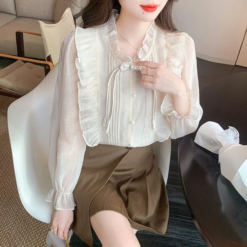 New Fashion Long Sleeve Stand Collar Women Shirt Blouse Tops Blusas Mujer De Moda 2024 Ruffles Chiffon Blouse Women Shirts H552