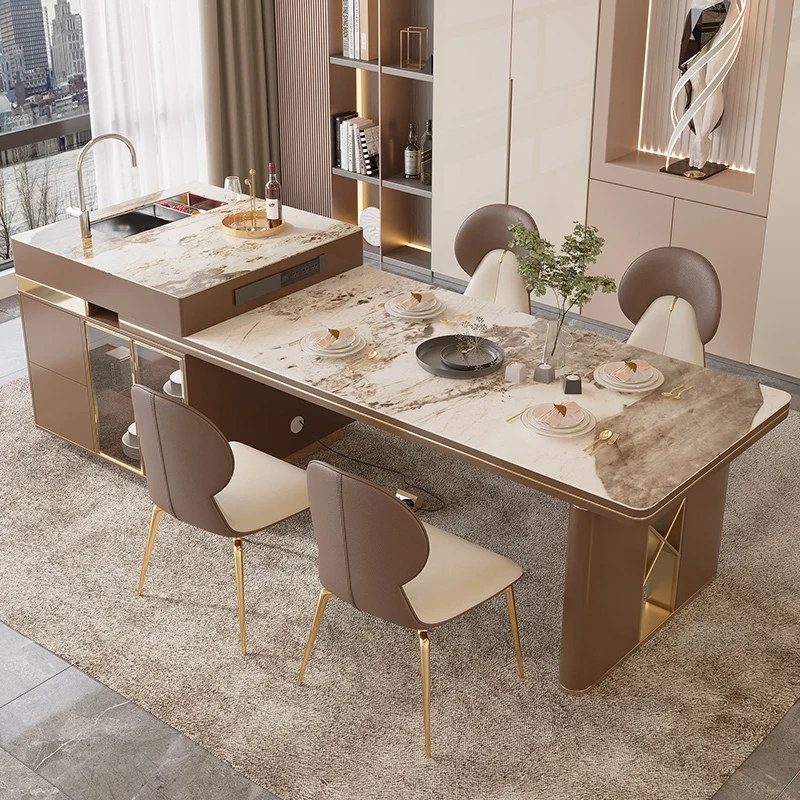 Island table with sink integrated light luxury retractable rock slab kitchen household multi-functional storage