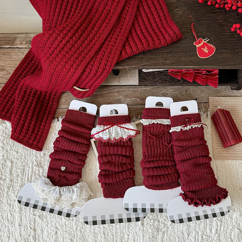 Red Children Girls Leg Warmers White Lace Ruffle Edge Bow Decor New Year Kids Long Socks Winter Warm Leg Covers for Girls