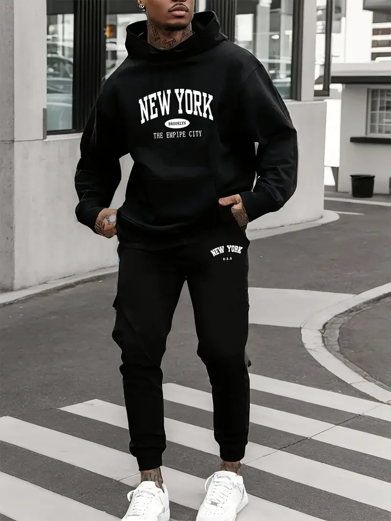 

Men's Velvet Thickened Sports Set New York Letter Printed Spring and Autumn Hoodie Set Long Sleeve Casual Comfortable Pocket Hoo
