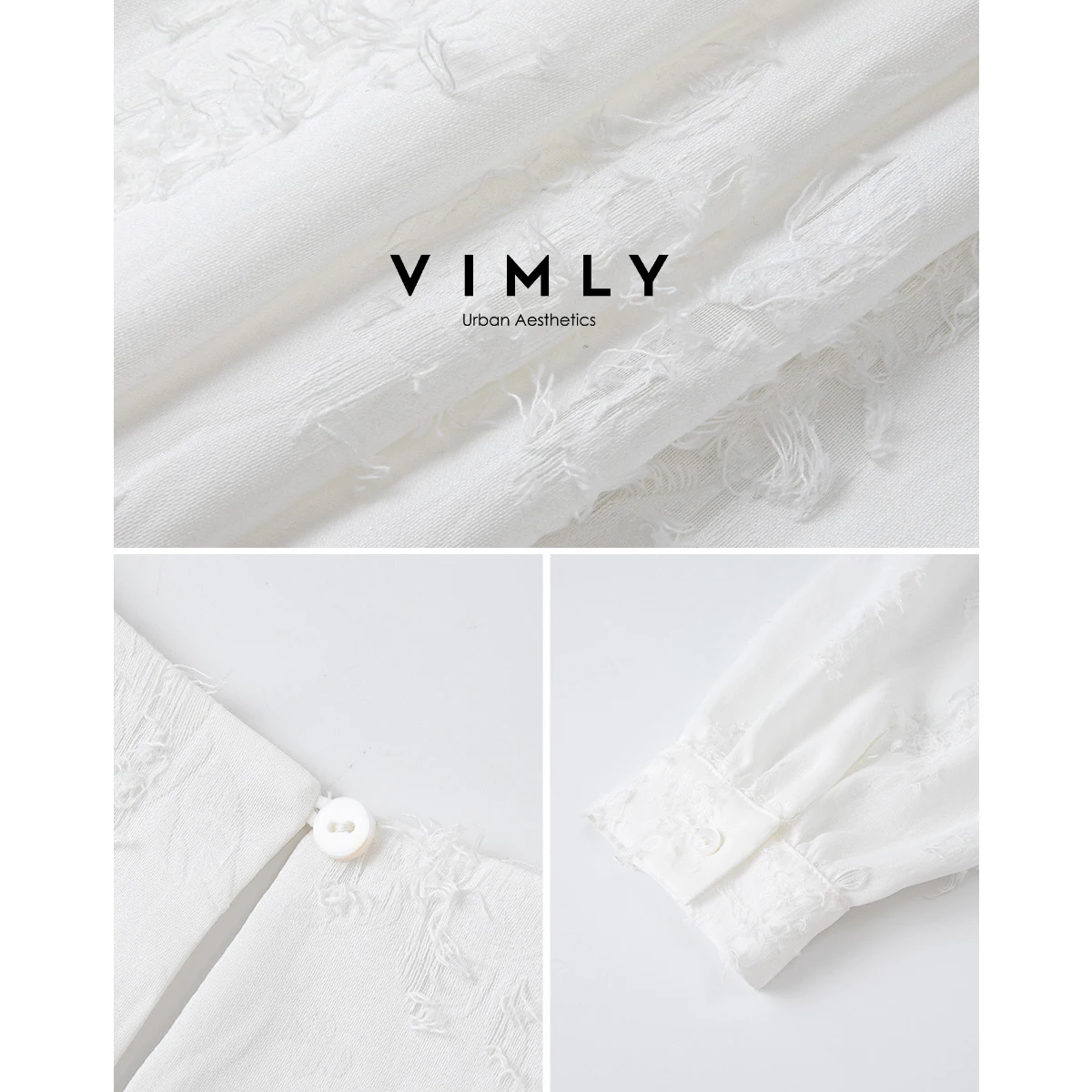 VIMLY Women's White Tassel Blouse Fall 2025 Sweet Style Lantern Sleeve Long Sleeve Tops for Woman Round Neck Ladies Blouse A3077