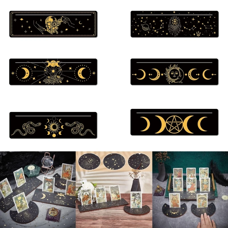 F1FD Tarot Cards Stand Wood Holder Moon Phases Altar Base Moon Shape and Rectangle Cards Holder for Witch Divinations Tools