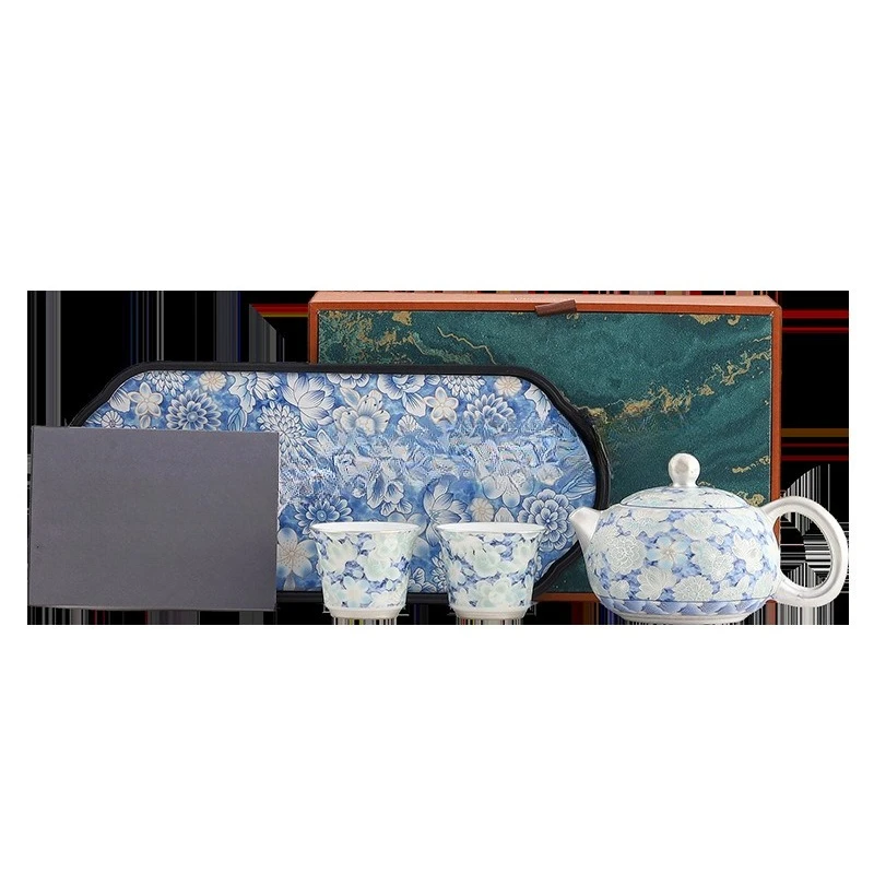 Handmade silver Yuxi teapot blue and white hand-painted ten thousand flower brewing teapot one pot two cups dry brewing plate