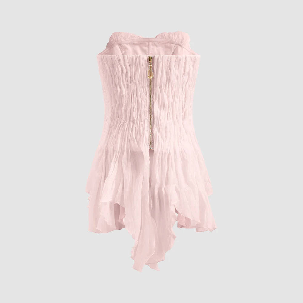 Women's Pink Strapless Tube Top Ruched Chiffon Asymmetrical Ruffle Hem Back Zip Fairycore Y2K Summer Bustier Blouse for Parties