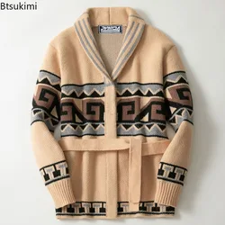 2025 maglione caldo da uomo cardigan autunno inverno retrò maglione lavorato a maglia jacquard maschile più spesso cardigan in vita con lacci maglione cappotti