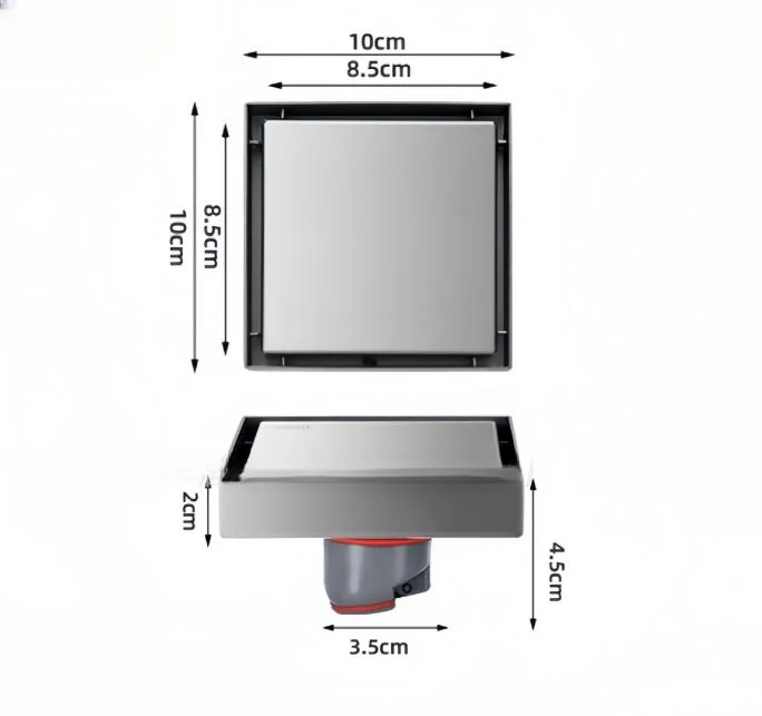 Modern Stainless Steel Floor Drain Square 10x10cm for Shower Bathroom Kitchen Wet with Hair Strainer Brushed Nickel