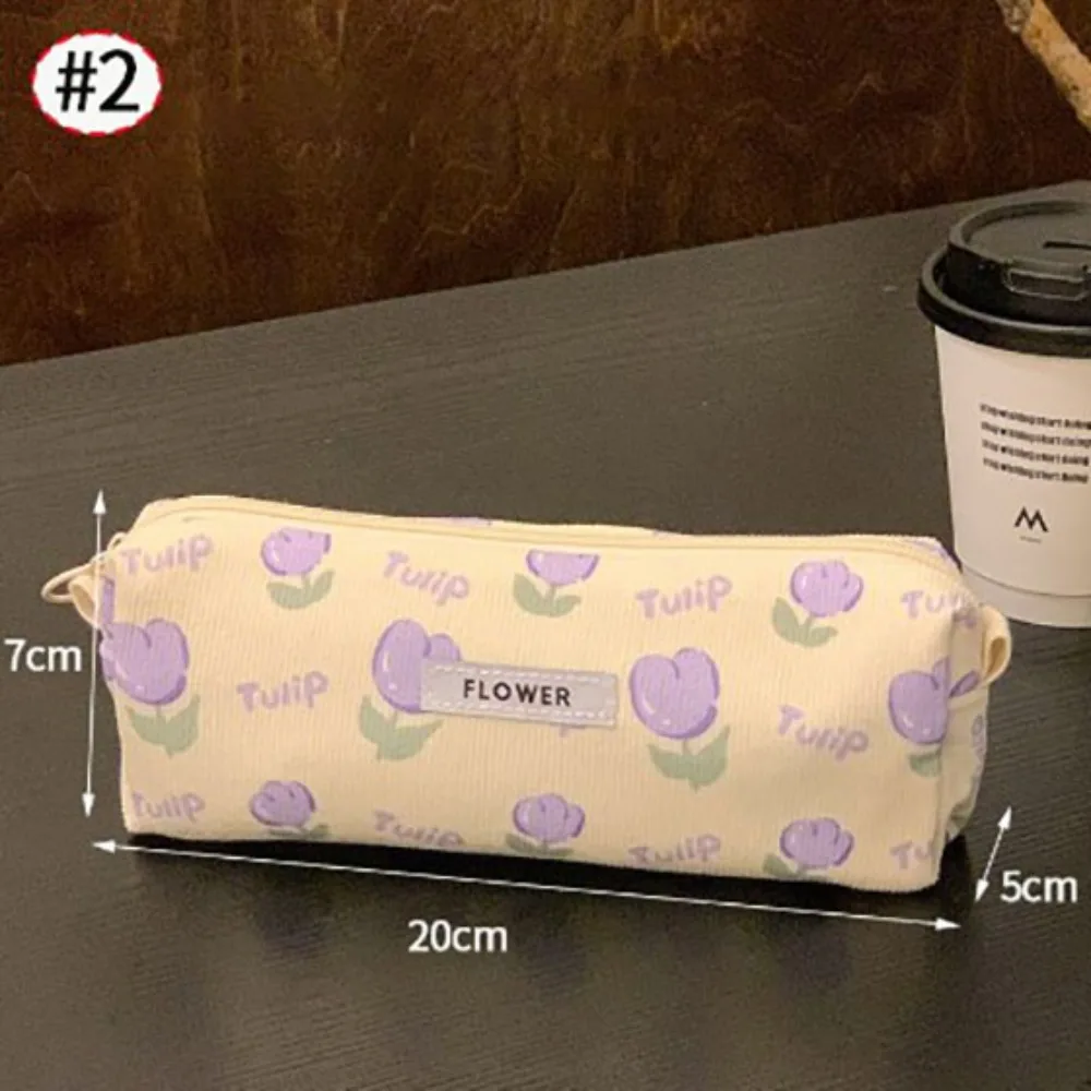 Large Capacity Tulip Pencil Case Resistant To Dirt Corduroy+polyester Portable Large Capacity Pencil Box Tulip Flowers