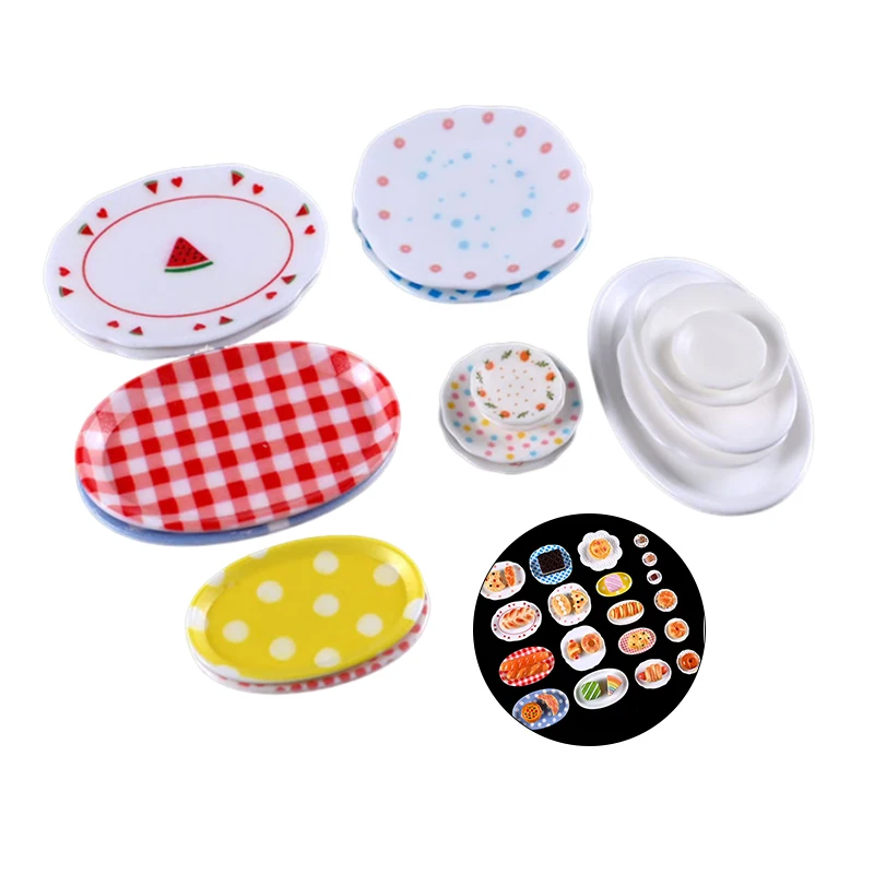 5Pcs 1/12 Dollhouse Cartoon Food Plates Dollhouse Mini Kitchen Plates Decoration Dolls House Accessories Pretend Play Toys