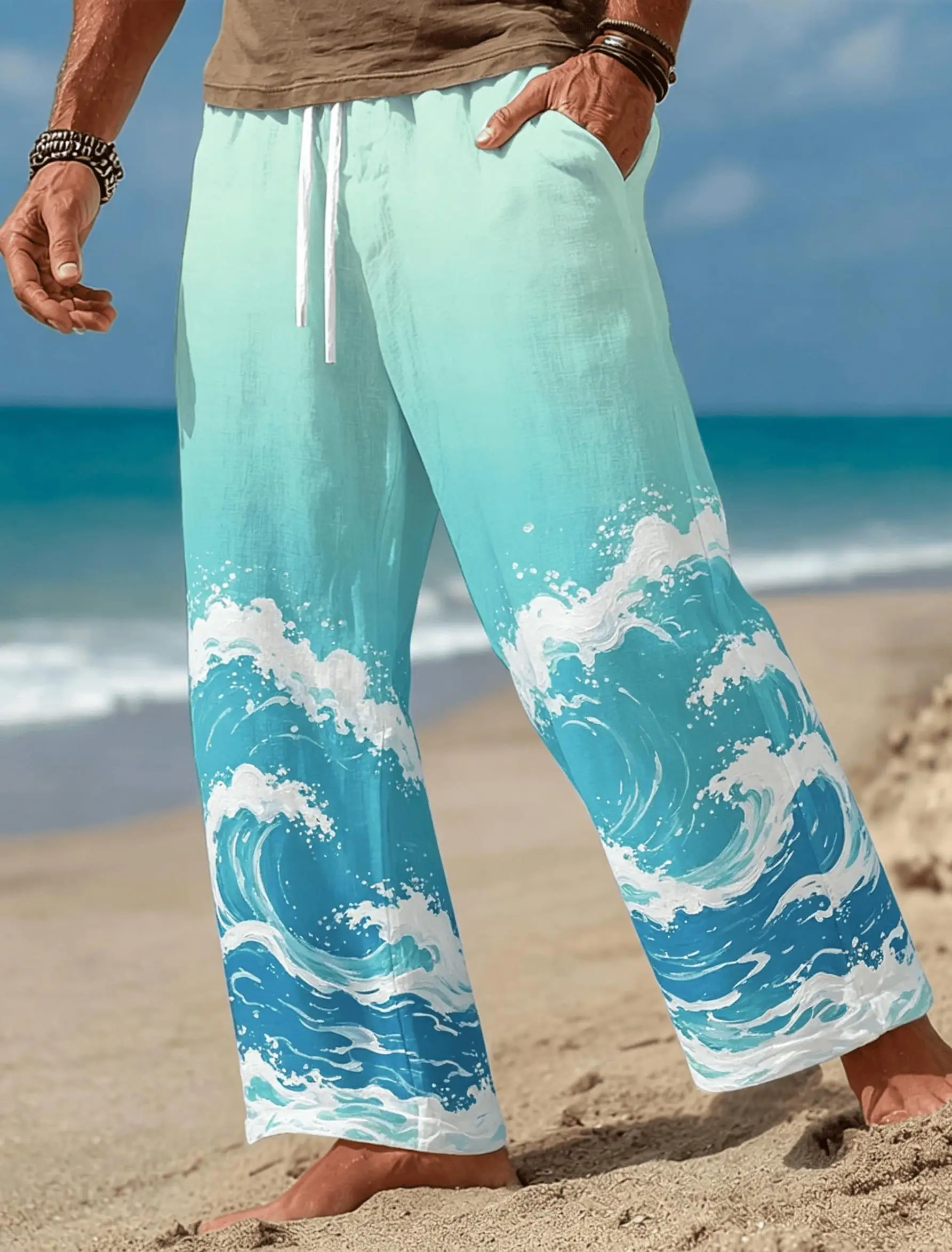 Men's Modern Ocean Wave Print Drawstring Pants, Casual Streetwear Wide Leg Pants for Spring Summer