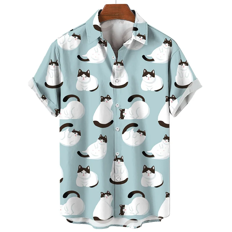 Kawaii Cat 3d Print Men\'s Shirt Fashion Short Sleeve Clothing Streetwear Casual Funny Animal Graphic Shirt Summer Button Blouse