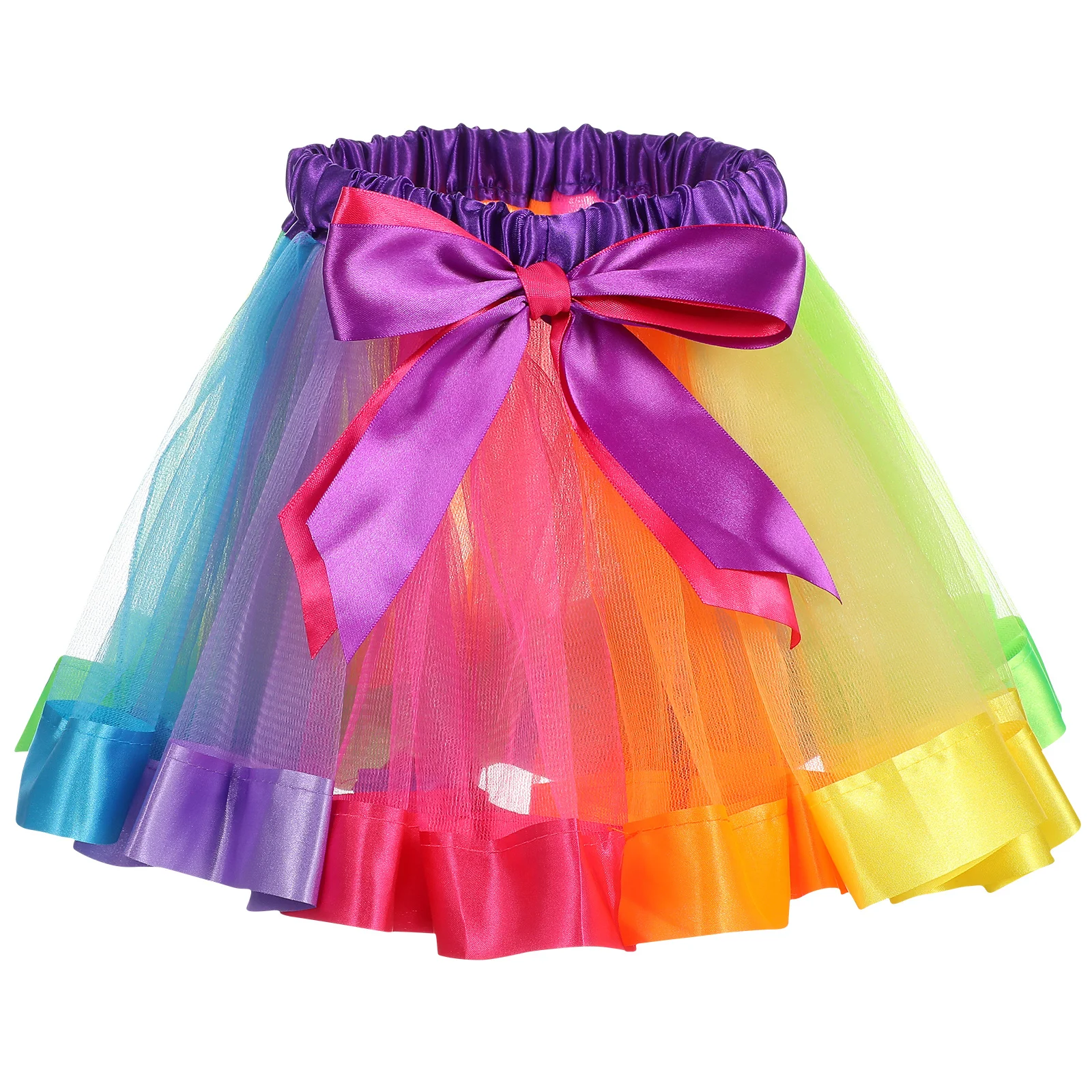 

Children Rainbow Skirt Colorful Tutu For Girls Elastic Waist Bowknot Ribbon Layered Tulle Skirt Ballet Dance Outfit Party