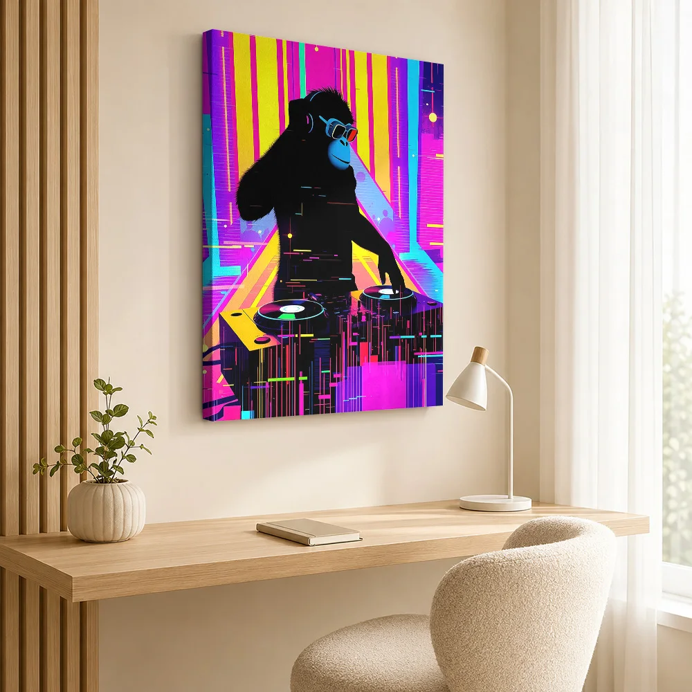 DJ Monkey Silhouette in Neon City Framed Canvas Print Poster Custom Photo Retro Music Canvas Wall Art for Studio Bedroom Decor