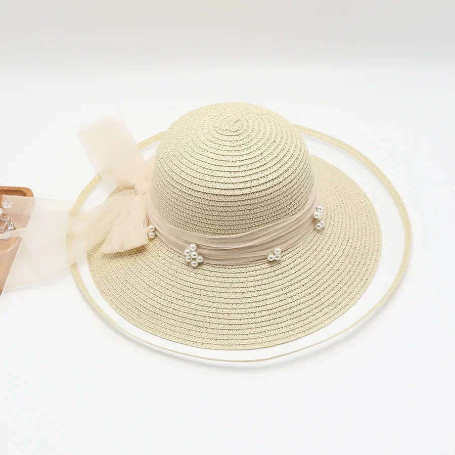 

2025Summer Women L arge Bow Straw Hat PortableFoldable Holiday Beach Sun Visors Hand WovenSolid Color Female Sunshade Bonnet Cap