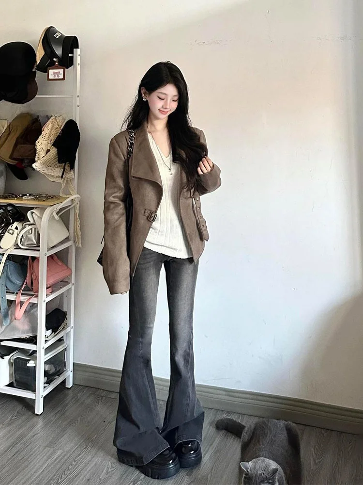 Retro americano camurça motocicleta jaet feminino primavera outono novo design gola grande elegância cintura cinch ort casaco