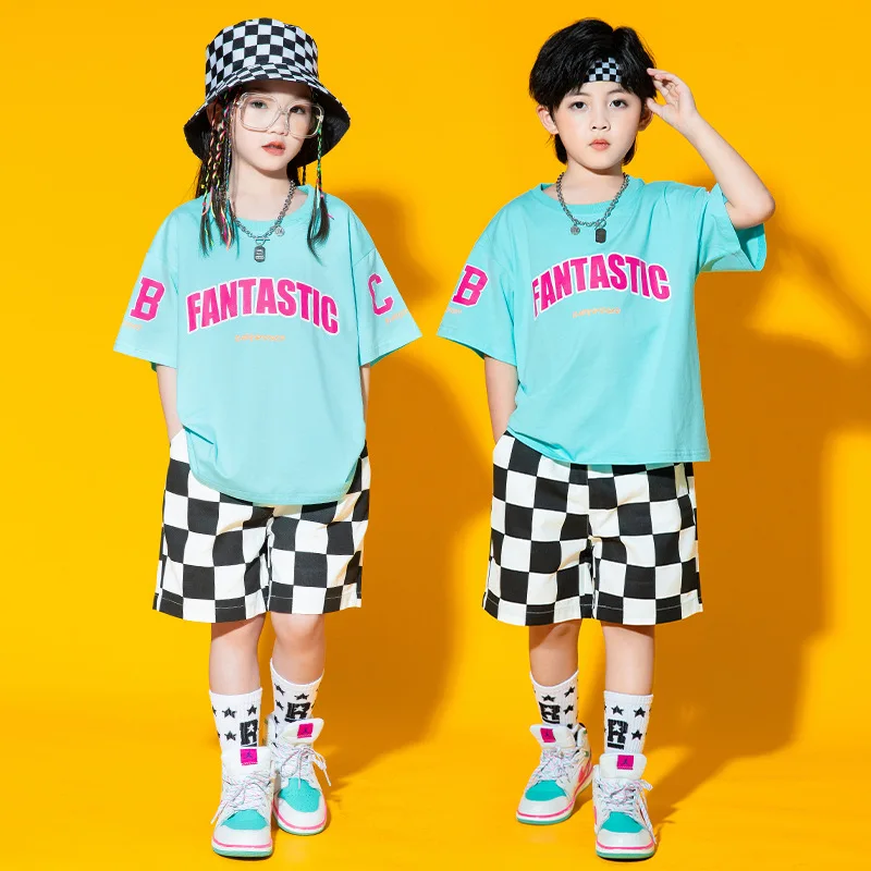 

Kid Hip Hop Clothing Blue Graphic Tee T Shirt Top Checkered Wide Casual Summer Shorts for Girls Boys Jazz Dance Costume Clothes