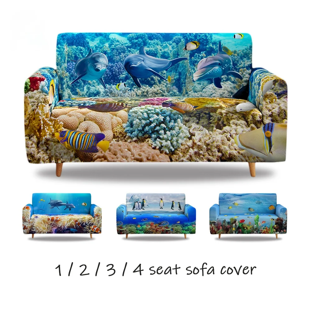 

Ocean Park 3D Print Dolphin Sofa Cover Stretch Slipcovers Sectional Elastic Sofa Cover for Living Room Couch Cover 1/2/3/4 Seat