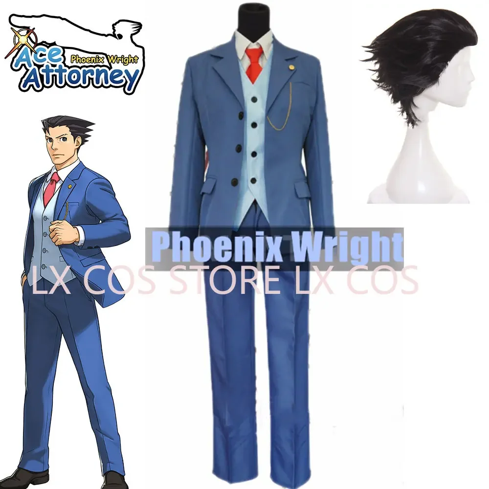 

Ace Attorney Phoenix Wright Cosplay Costumes Blue Uniform Suit Jacket With Tie Halloween Party Role Play Props Wig Short Hairs