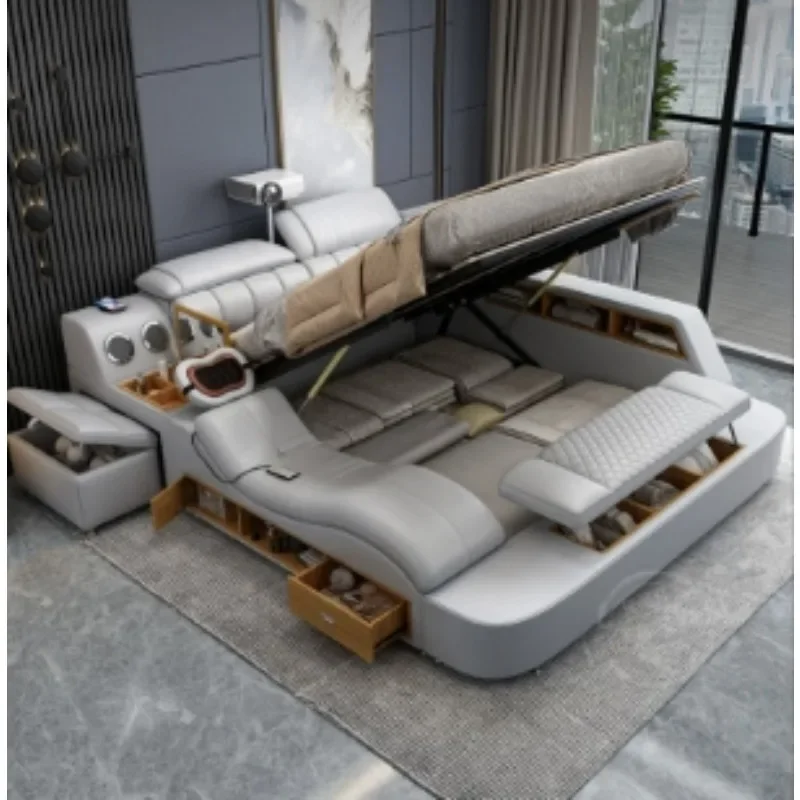 

Postmodern Luxury King Size Genuine Leather Bed / Tech Smart Bed / Multifunctional Ultimate Beds / Massage Bed With USB
