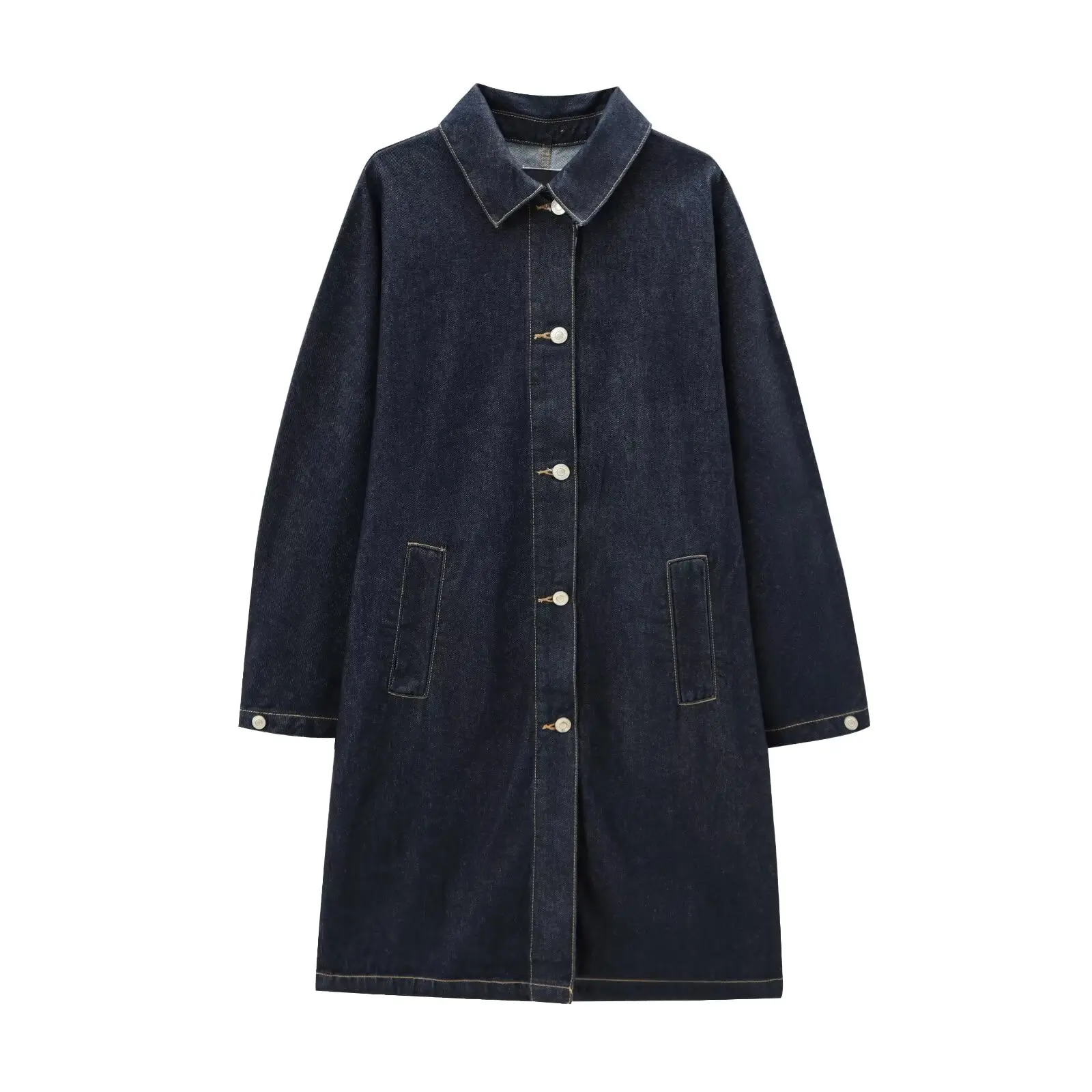 Maxdutti 2024 AW Minimalist Denim Long Jacket Overcoat Women Single Breasted Loose Denim Trench Coat