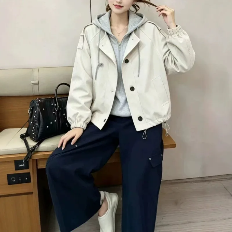2026 New Korean Style Fake Two-piece Color Block Button Hoodie for Women Autumn Winter Fashion Casual Zipper Baseball Jacket