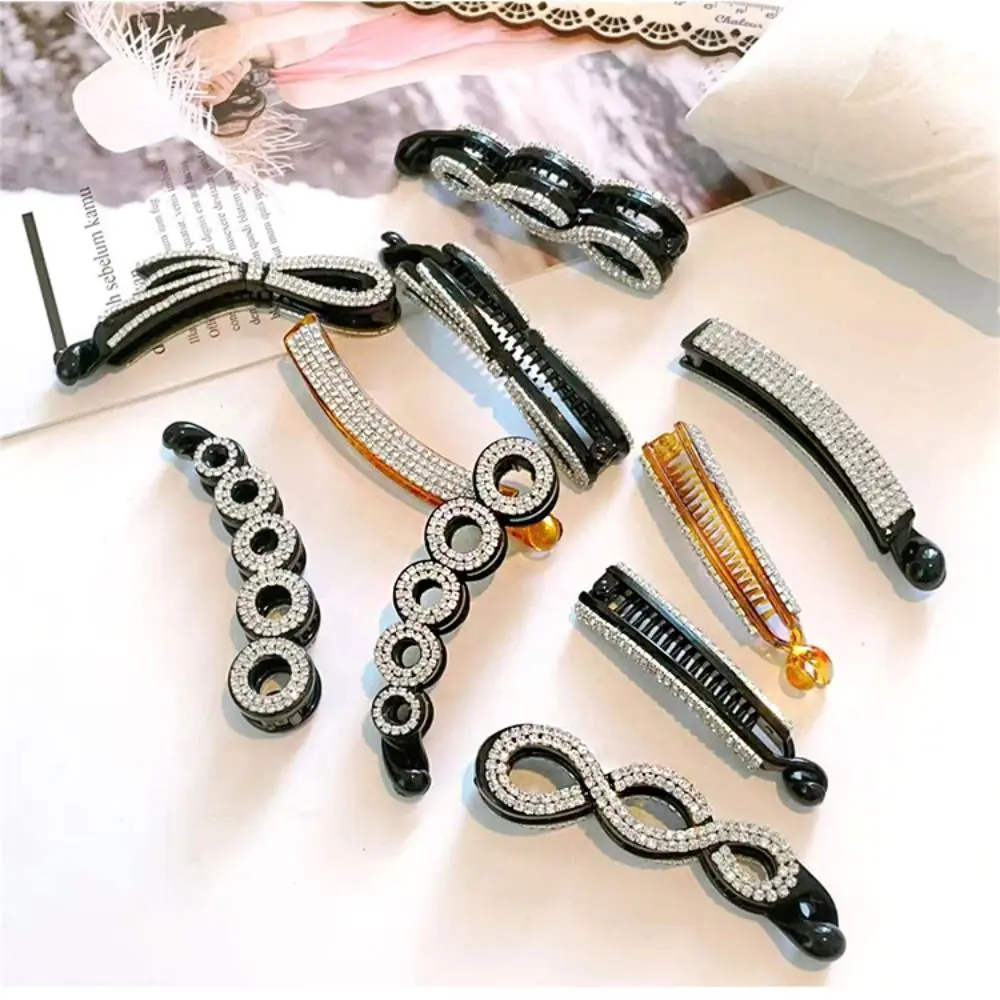 Korean Style Rhinestone Banana Clip Elegant Ponytail Holder Headwear Bowknot Hair Clip Hair Claw Hairpin Vertical Clip Women