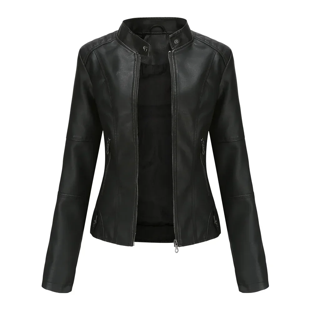 Veste en cuir à col montant pour femmes, coupe couvertes, manches longues, fermeture éclair, lits d'épissure, décontracté, dame élégante, rue haute, automne, 2024