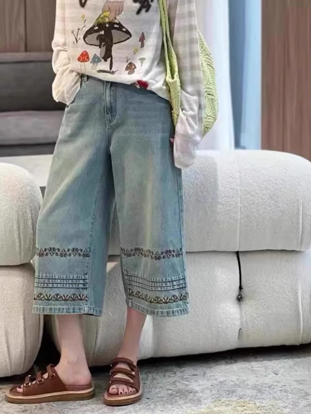 

Summer 2025 Women's Thin Wide Leg Jeans High Waist Embroidered Eighteen Cotton Casual High Waist Loose Fit Light Blue Denim