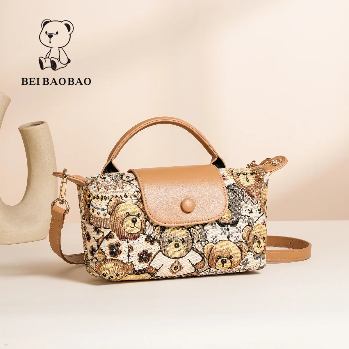 Beibaobao Cartoon canvas bag, niche temperament mobile phone bag, 2024 summer new trendy single shoulder crossbody bag