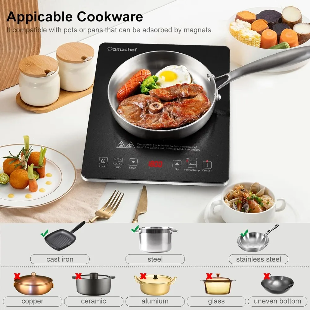 1800W Sensor Touch Single Electric Cooktops Countertop Stove With 8 Temperature & Power Levels, 3-hour Timer, Safety Lock