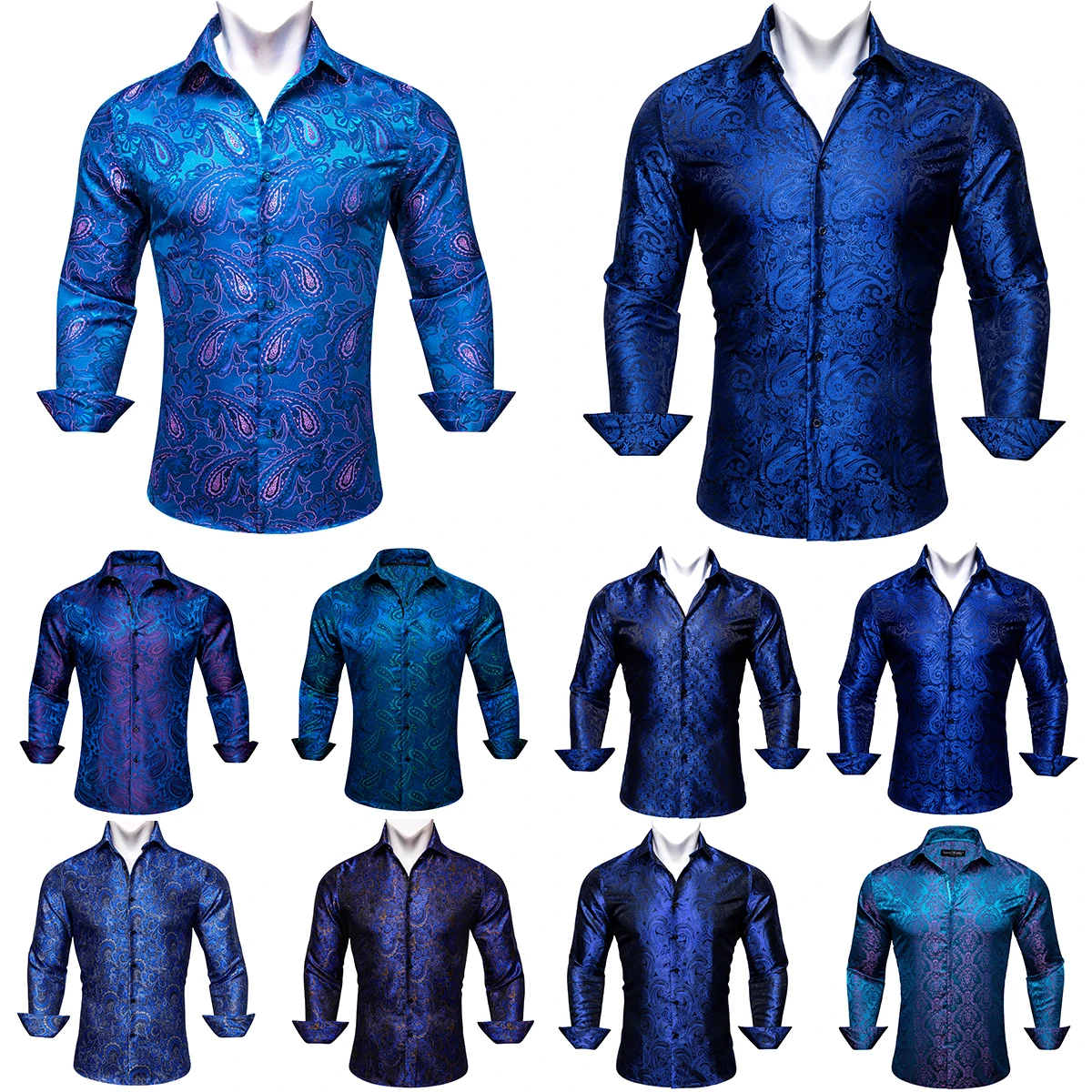 Luxury Blue Shirts for Men Silk Embroidered Paisley Flower Long Sleeve Slim FIT Male Blouses Casual Tops Lapel Cloth Barry Wang