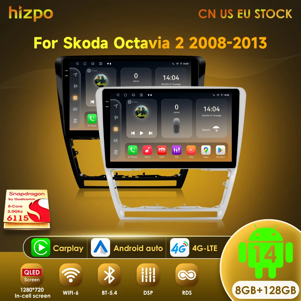 Hizpo 10.1 4G + WiFi 2din Android 14 Autoradio Multimidia Lettore Video di Navigazione GPS Per SKODA Octavia 2 A5 2008-2013 Unità Principale