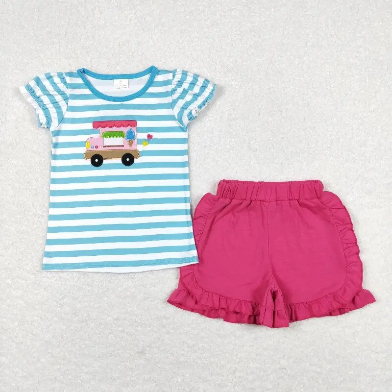 

X12.18 GSSO0580 Wholesale girls' summer clothing embroidered ice cream truck blue short-sleeved shorts set