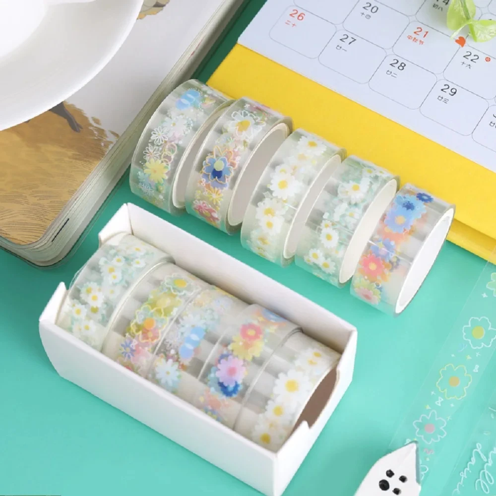 

5 Rolls Of Clear Decorative Tape, Waterproof Pet, Daisy Pattern Decorative Stickers, Suitable For Decorating Gifts, Mobile Phone