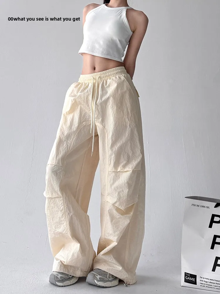 

Женские повседневные брюки Qui Dry: Новинка весны, тонкие, широкие, в стиле парашютиста, американское ретро, с высокой талией, длинные