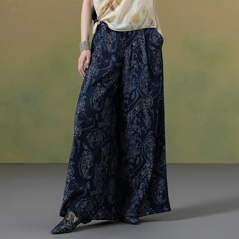 

Женские повседневные брюки с широкими штанинами, винтажным принтом, свободного кроя, осенняя новинка, с застежкой-молнией на талии, длинные